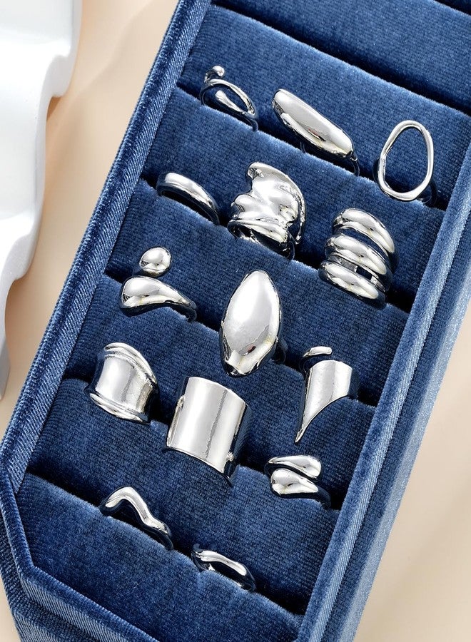 ANGLEQUEEN Chunky Silver Rings for Women 14K Silver Plated Stackable Knuckle Ring Set Adjustable Domed Silver Rings Statement Ring Set Pack (Silver14PCS) - Image 4